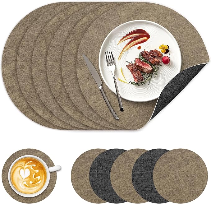 NCUE 13" Faux Leather Round Placemats Set of 6, Reversible Dual-Color | With 3.9" Coasters, 2 mm Vinyl Table Mats, Waterproof Wipeable Heat Resistant, Non-Slip Texture, for Dinner Party Home Decor