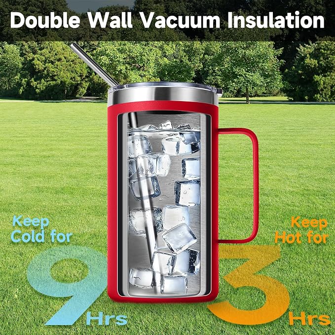 Volhoply 22oz Insulated Stainless Steel Coffee Mugs with Leakproof Lid Bulk 2 Pack,Double Wall Vacuum Travel Coffee Cup with Handle,Reusable Metal Tumbler,Camping Mug Keep Hot&Cold(Mix,2)