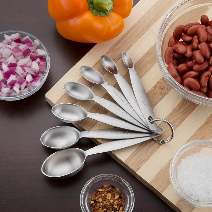 Spring Chef Stainless Steel Measuring Spoons Set of 7 with Leveler | Oval Metal Teaspoon & Tablespoon Measuring Spoons for Dry & Liquid Ingredients, Nesting Metric Spoons with Long Handle