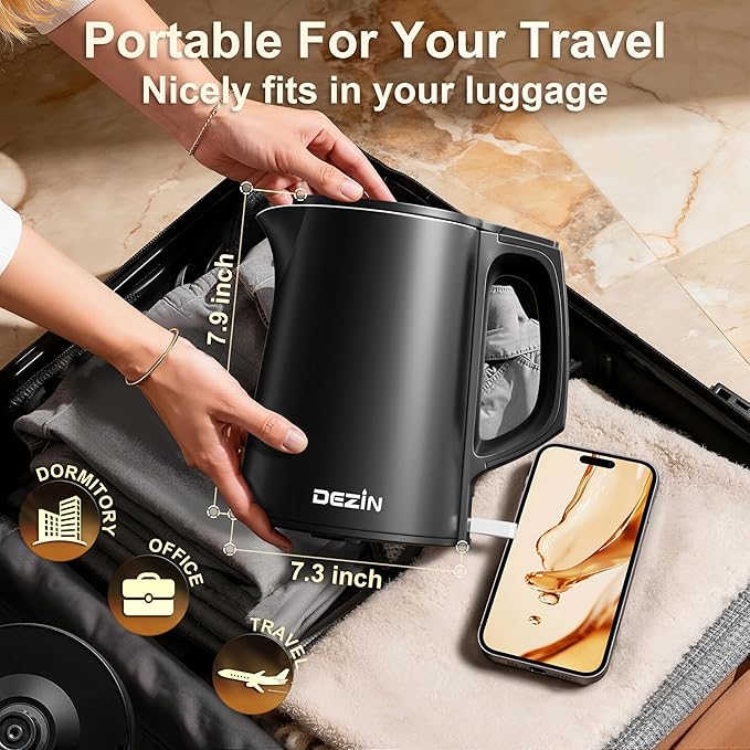 Dezin 0.8L Small Electric Kettle, Stainless Steel Portable Travel Kettle | Double Wall Construction, Auto Shut-Off, 800W Fast Boiling, Compact Tea Kettle for Business Trip, Home, Office, Hotel, Dorm