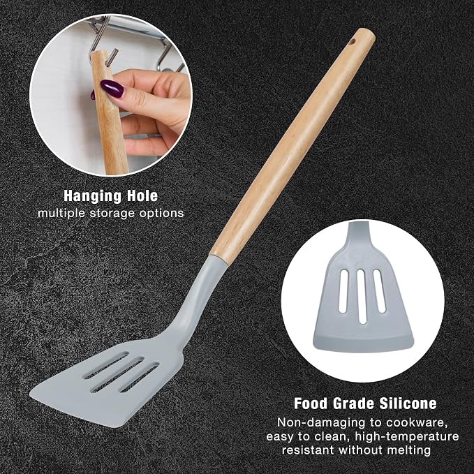 19PCS Gray Kitchen Cooking Utensils Set Kitchen Tools Set | 6 Stainless Steel Knives, 11 Silicone Utensils with 1 Cutting Board, Ideal for Apartment