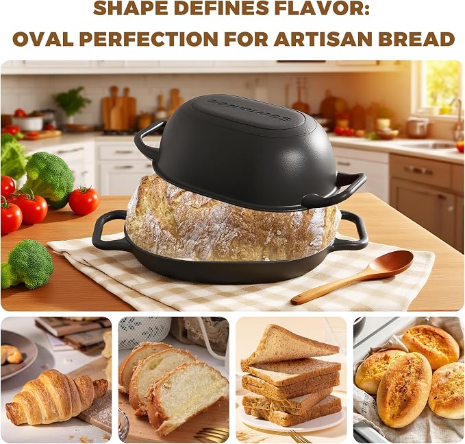 12 x 8 Inch 5QT Oval Dutch Oven for Bread Baking, Cast Iron | Bread Oven with Lid for Sourdough Baking, Dutch Oven Bread Loaf Pan Creates Crispy Crust for Artisan Homemade Bread