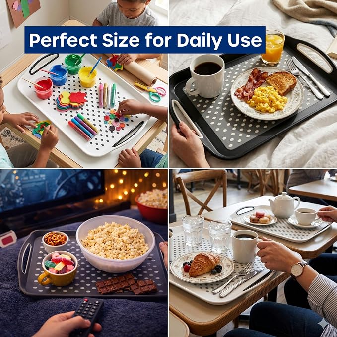 Food Trays for Eating on Couch - 2 Pack - Non Slip Dinner Trays for Eating Set of 2 Non Slip Serving Tray and Food Tray with Handles (Black)