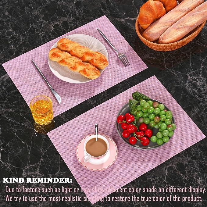Zupro Pink Placemats Set of 4 Woven PVC 18"x12" for Indoor Outdoor Usage | Washable Heat-Resistant Non Slip Table Mats PVC Vinyl Kitchen Dining Patio Table Place Mats for Holidays Dinner Parties BBQs