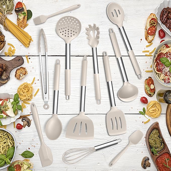 E-far Silicone Cooking Utensils Set, 30-Piece Khaki Kitchen Utensils Set | Heat Resistant Nonstick Cookware, Kitchen Tools Spatulas with Stainless Steel Handle, Spatulas Turner Tong Spoon Whisk Ladle