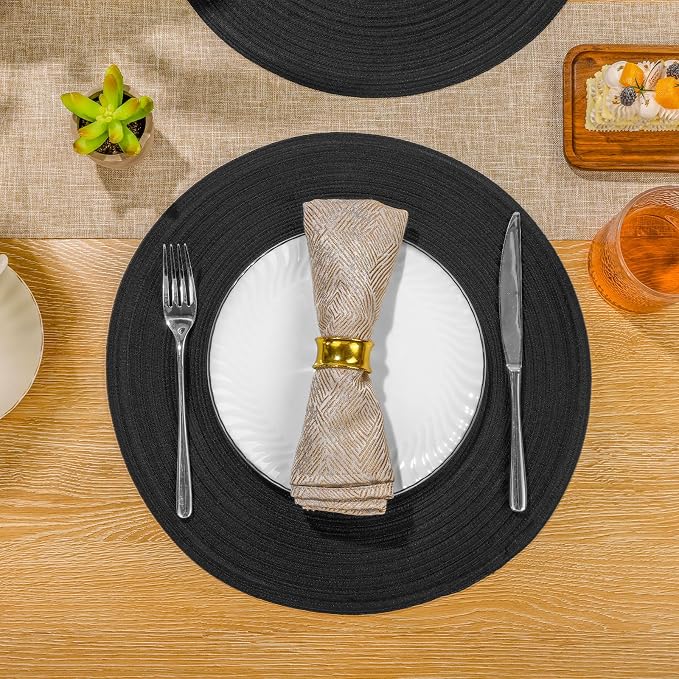 SHACOS Round Braided Placemats Set of 8 Washable Cotton Polyester Woven Round Table Mats for Dining Tables 15 inch (Black, 8)