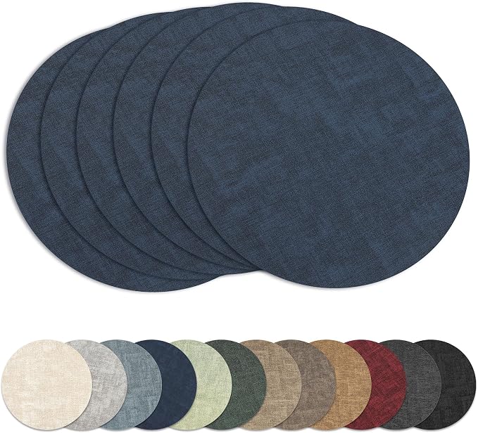 13" Round Placemats Set of 6, Reversible Faux Leather Wipeable Table Mats | 2mm Vinyl Heat Resistant, Waterproof Oilproof Scratch Proof Non-Slip, Washable for Kitchen Dining Indoor Outdoor (Navy Blue)