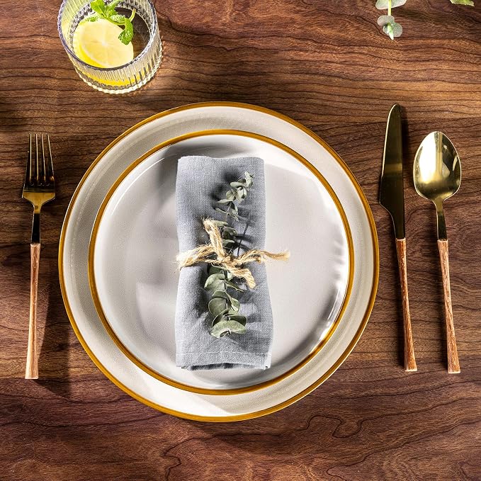 GBHOME Stoneware Dinnerware Sets for 8, 24-Piece Plates and Bowls Set | Handmade Reactive Glaze Ceramic Dish Set, Scratch Resistant, Dishwasher&Microwave Safe,Warm White