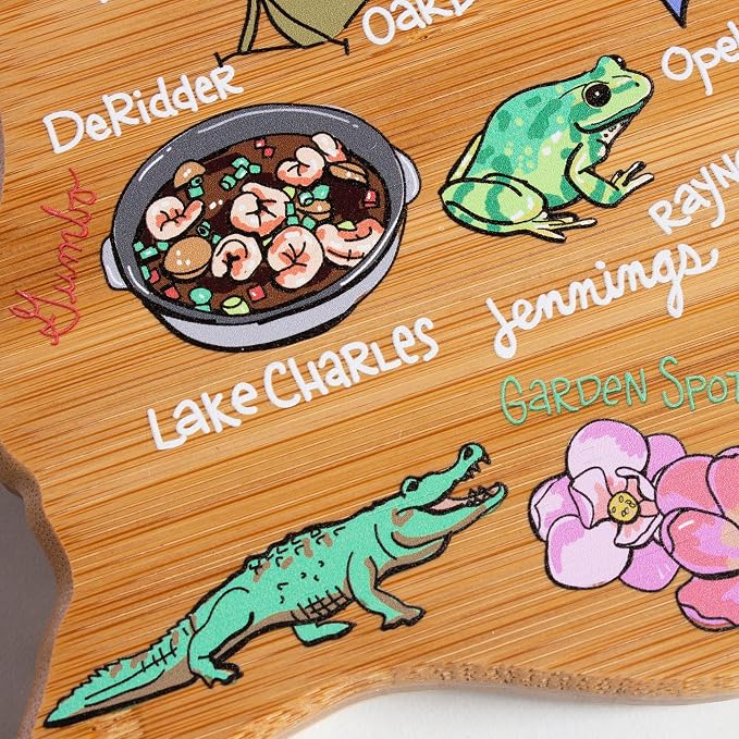 Totally Bamboo Louisiana State Shaped Cutting Board, Art by Fish Kiss | State charcuterie board with colorful hand-drawn map artwork. Smooth reverse side for food prep. Hang tie for wall display.