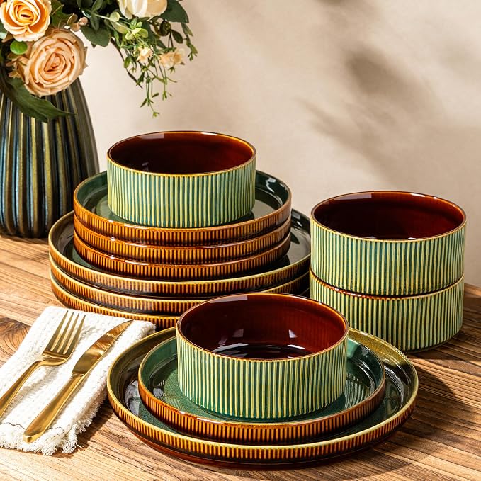 GBHOME Stoneware Dinnerware Sets for 4, 12 Pieces Plates and Bowls Set | Lightweight Ceramic Ribbed Dishes,Reactive Glaze Stackable Plate Set,Scratch Resistant,Microwave Dishwasher Safe,Maroon Olive