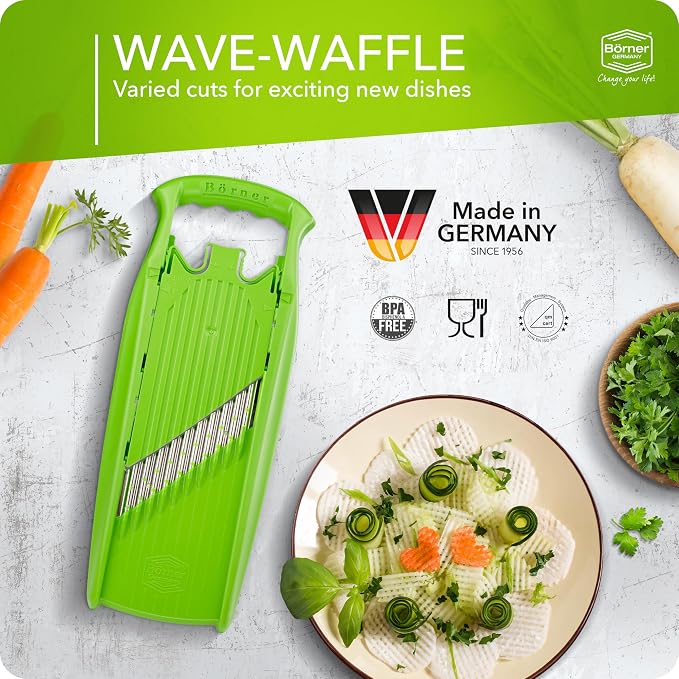 Börner Wave-Waffle PowerLine Crinkle Cut Vegetable Slicer (Green) • Slicer for Wave & Waffle Cut • Wavy Vegetable Cutter • Slicer for Lattice Potatoes & Chips • Wavy Potato Slicer