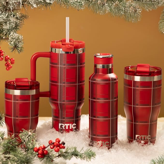 RTIC 30oz Essential Tumbler with Lid, Ceramic Lined, Insulated, Stainless Steel, Metal, Double Wall Vacuum-Insulation, Travel Cup for Iced Coffee, Tea, Hot and Cold Drink, Red Plaid