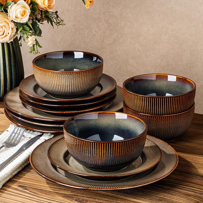 Ceramic Dinnerware Set for 4, 12-Piece Plates and Bowls Set | Lightweight Porcelain Dish Set, Scratch Resistant, Oven & Microwave & Dishwasher Safe, Cocoa Mocha