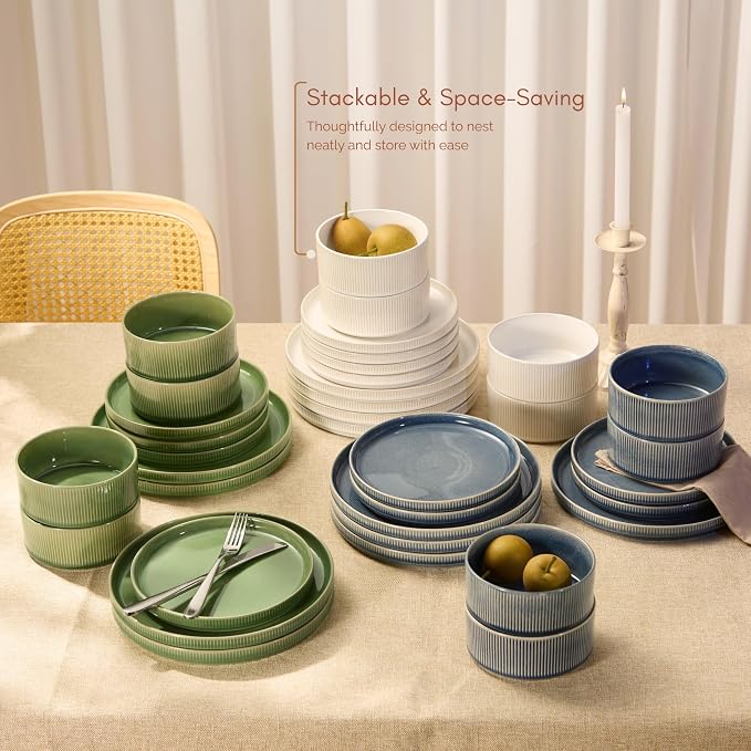 Ceramic Dinnerware Set, by Vase and Vessel, 12-Piece Service for 4, 9.8” Dinner Plates, 8” Salad Plates, 20 oz Bowls, Ombre Reactive Glaze, Durable Stoneware, Microwave & Dishwasher (Denim)