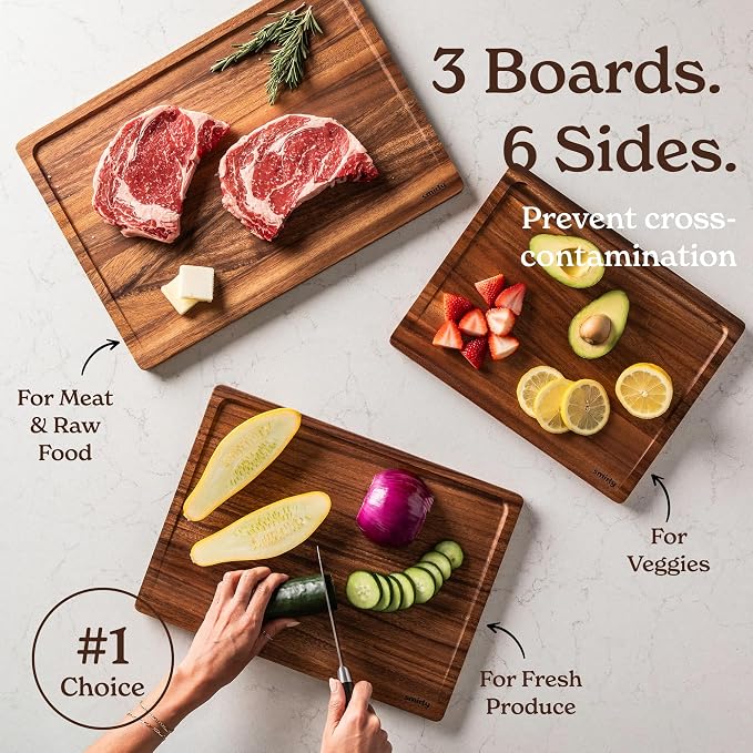 SMIRLY Walnut Cutting Board - 3 Pack Wood Cutting Boards for Kitchen | Non Toxic Walnut Wood Cutting Board with Juice Grooves and Handles, Multiple Sizes Chopping Board for Meal Prep & Charcuterie