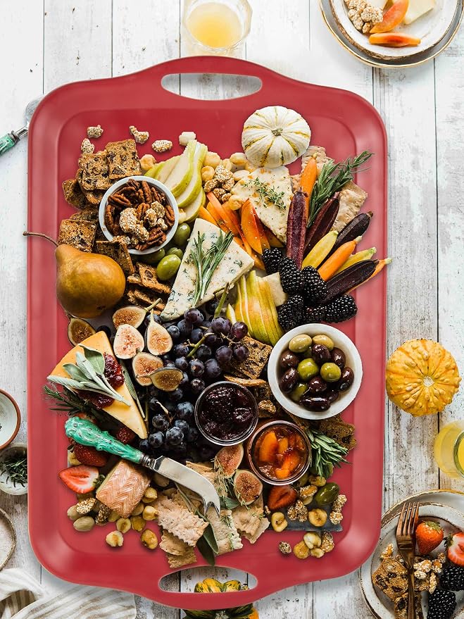 ECOIOU 20x13 inch Extra Large Serving Tray with Handles, Set of 2, Red | Melamine Platters for Serving Food, Turkey, Cookie, Rectangular Trays for Eating, Raised Dots Matt Finished, Dishwasher Safe