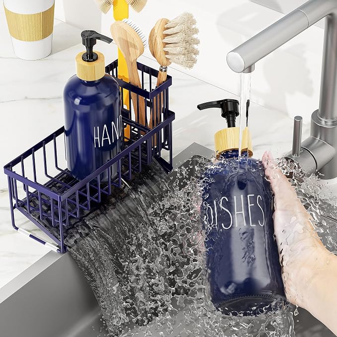 Cisily Kitchen Dish Soap Dispenser Set with 2 Pack 16.9oz Amber Glass Bottle and Sponge Holder, Dish Soap Dispensers with Adjustable Sponge Holder, Vintage Hand and Dish Soap Dispensers Set