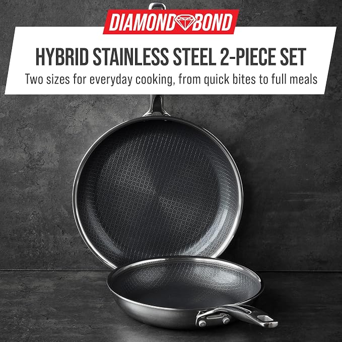 Blue Diamond Hybrid 2 Piece (8"&10") Stainless Steel Nonstick Fry Pan Set | PFAS-Free Ceramic Nonstick Skillets, Powerful Searing, Induction & All Cooktop Ready, Dishwasher and Oven Safe