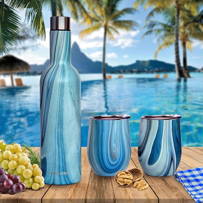 CHILLOUT LIFE 12 oz Stainless Steel Wine Tumblers 2 Pack & 1 Insulated Wine Bottle - Double Wall Vacuum Insulated Wine Glasses Cups with Lids and Straws Set Keeping Cold & Hot Gift Set