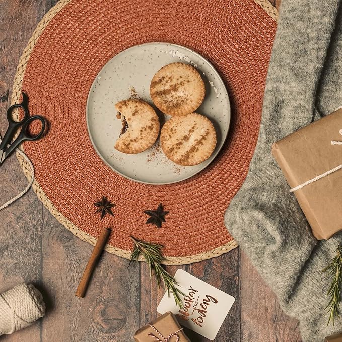 Round Placemats Set of 8, Woven Table Mats, Thin Edge, Dark Orange | Braided Paper Edge, 15 Inch Diameter, Fits Dinner Plate and Flatware, Wipeable, Heat Resistant, Indoor Dining, Outdoor Patio