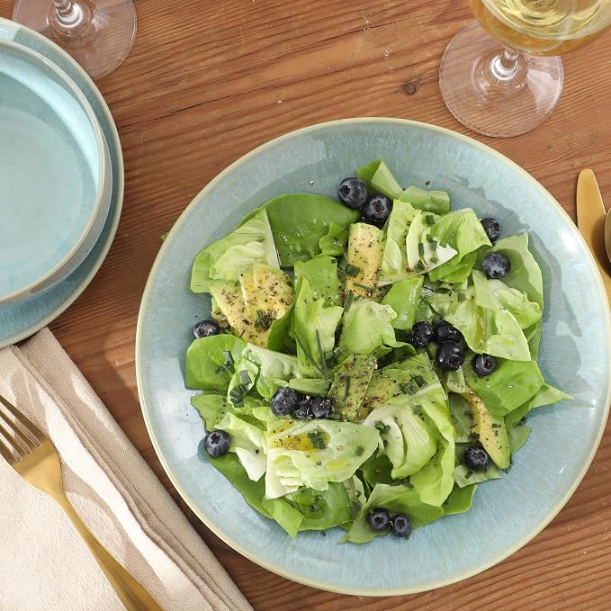 Gibson Elite Pine Coast Plates and Bowls Sets, 12-Piece Stoneware Dinnerware Sets, Reactive Glaze Dish Set - Blue