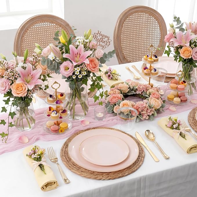 KIRE 175PCS Pink Plates Disposable - Pink and Gold Plates for Baby Shower | Plates Dinnerware Sets - 25 for Dinner 25 for Dessert 25 Pre Rolled Napkins 25Cups for Spring/Wedding/Party