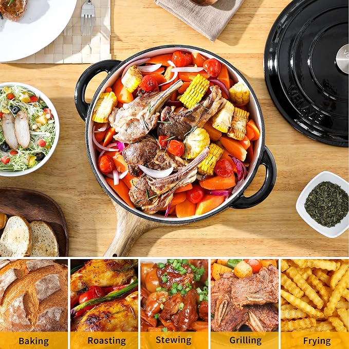 Velaze 7.5 QT Enameled Cast Iron Dutch Oven Pot with Lid,Black | Large Capacity for Cooking,Frying, Stewing,Bread Baking,and Roasting,Oven Safe,Dual Handles,Heavy Duty,Non-Stick Coating