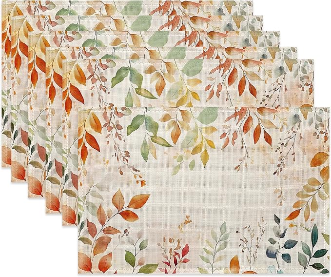 Fall Leaves Fabric Placemats,Autumn Watercolor Leaf Table Placemats Set of 6 Cloth Place Mats, Washable Heat-Resistant Table Mats for Home Kitchen Dining Room Decoration 11.8x17.7 Inch