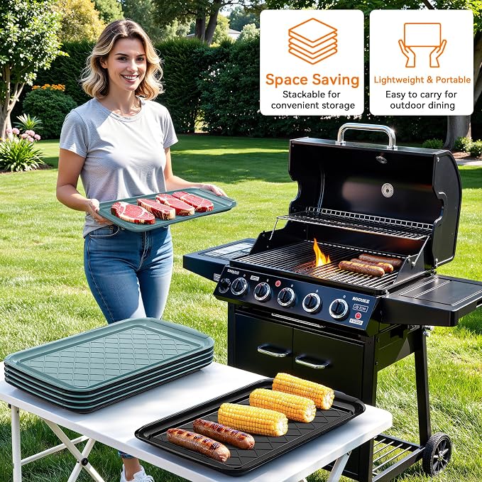 Grilling Prep & Serve Trays for Party Set of 6, Large BBQ Serving Platters | Dishwasher Safe Plastic Trays for Raw and Cooked Food 17"×10.5" Stackable Party Supplies for Grilling, Meal Prep, Green/Black