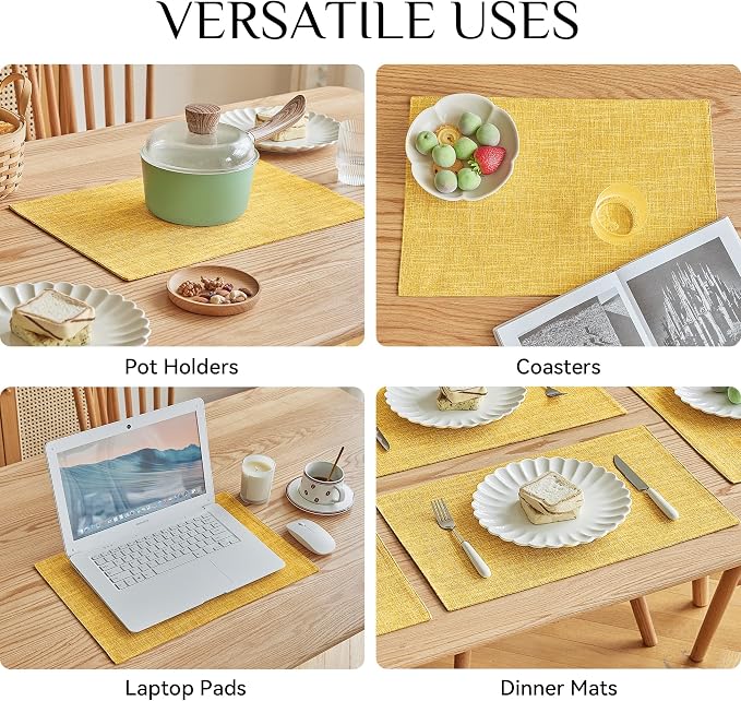 Softalker Faux Linen Placemats Set of 4-12 x 18 Inch, Heat Resistant Double Layered Durable Burlap Farmhouse Place Mats, Non-Slip Washable Rustic Table Mats for Dining, Kitchen, Party（Yellow