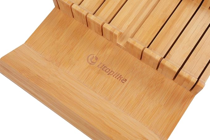 Utoplike In-drawer Knife Block Bamboo Kitchen Knives Drawer Organizer Large | Holder Storage for Steak, Paring, Bread Knives, Holds Up to 16 Knife & 1 Sharpening Steel (Knives & Sharpening Not Included)