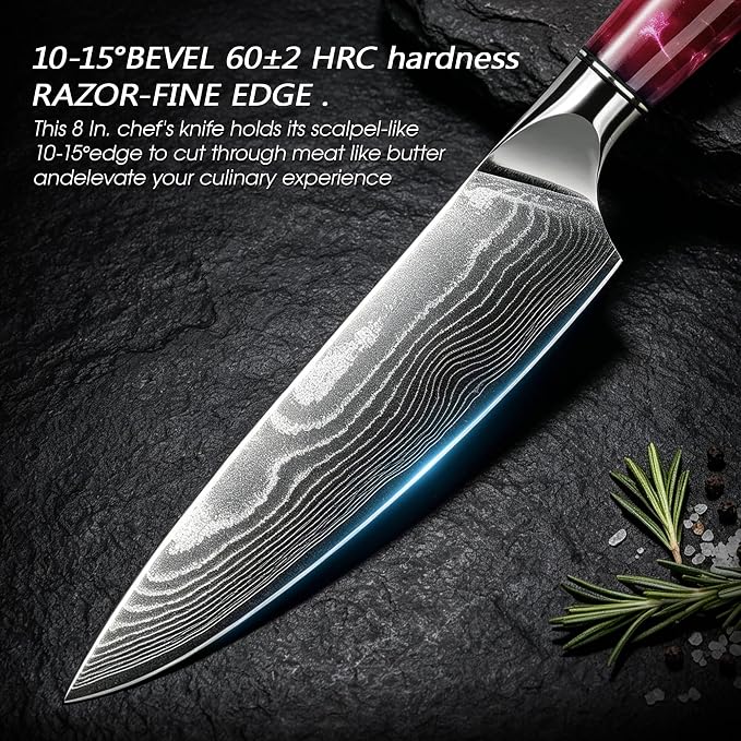 Damascus High Carbon Chefs Knife Ergonomic Handle(8In,Red Resin) | Japanese 67 Layers High Carbon Steel, Professional High-Class Ultra Sharp Cooking Knives Family & Restaurant, Gift Box