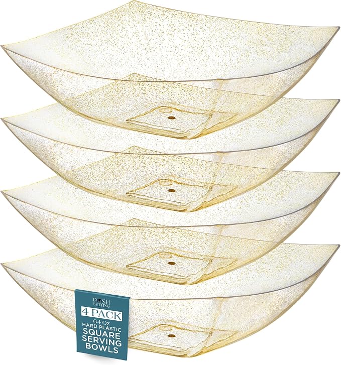 4 Pack Disposable Gold Plastic Serving Bowls Square Party Candy Use 64oz | Square Design. Disposable Party Tableware. Salad, Fruit & Candy Use. Candy Buffet Containers. Gold Plastic.