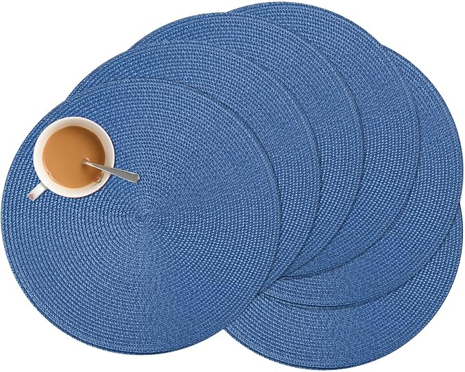 Zupro Round Placemats Set of 6,Braided 15 inch Table Mats Heat Resistant Non-Slip Washable,for Kitchen Dining Tables Four Seasons Dinner Parties Thanksgiving Christmas and Everyday Use.Royal Blue