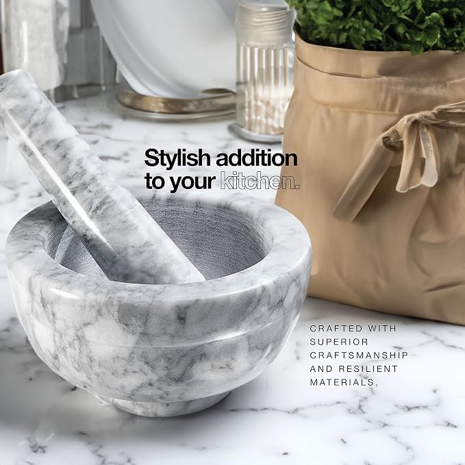 Sagler Mortar and Pestle Set - Small Grinding Bowl Container for Guacamole, Spices, Salsa, Pesto, Herbs - Best Mortar and Pestle Spice and Pills Crusher Set, Holds Up to 2.5oz - 3.75x2’’, Marble Gray