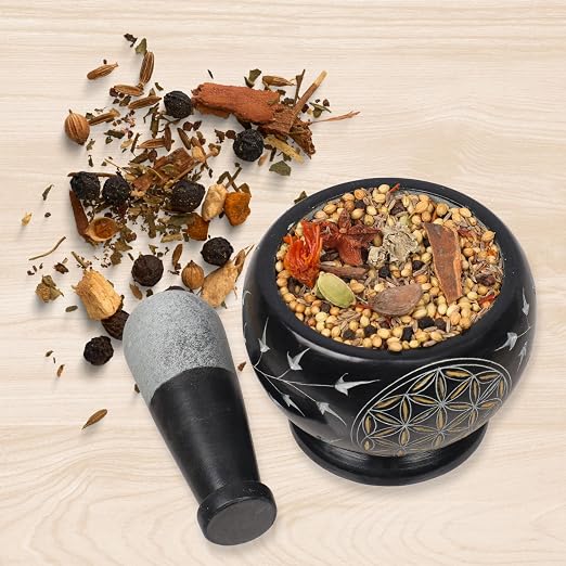 Mortar and Pestle, Made of Heavy Duty Polished Hard Stone, Natural Stone Grinder for Spices, Pastes, Herbs, Seasoning etc. (Flower of Life)