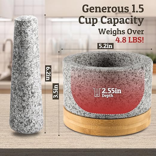 PriorityChef Heavy Duty Mortar and Pestle Set with Bamboo Base, 100% Natural Granite Stone Grinder, Guacamole Bowl and Masher, 1.5 Cups, Grey