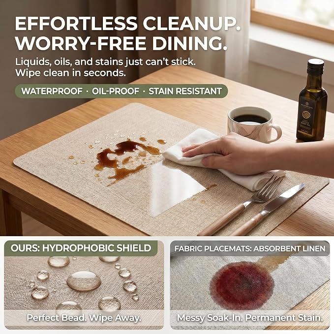 Faux Leather Placemats Set of 6, Wipeable Waterproof Stain Resistant Table Mats, Heat Resistant Thick Placemats with Hand-Painted Edges for Kitchen Dining, Imitative Linen Texture, Various Shapes