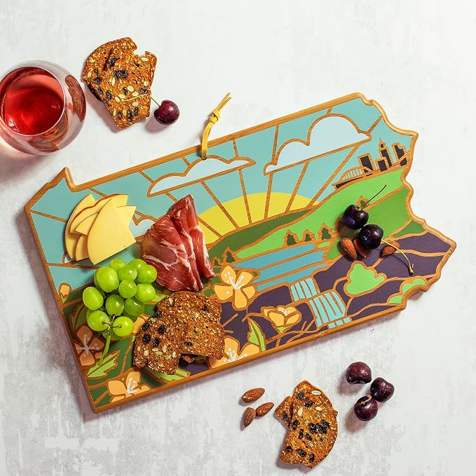 Totally Bamboo Pennsylvania State Shaped Cutting Board, Summer Stokes Art | State charcuterie board with colorful hand-drawn landscape art. Smooth reverse side for food prep. Hang tie for wall display.