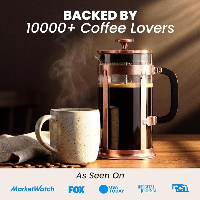 EzDtach Glass French Press Coffee Maker 34oz Copper – Double Filter | Borosilicate Glass Pot, 304 Stainless Steel Coffee Press & 2 Extra Screens, Easy to Use & Clean Design for Full-Bodied Flavor