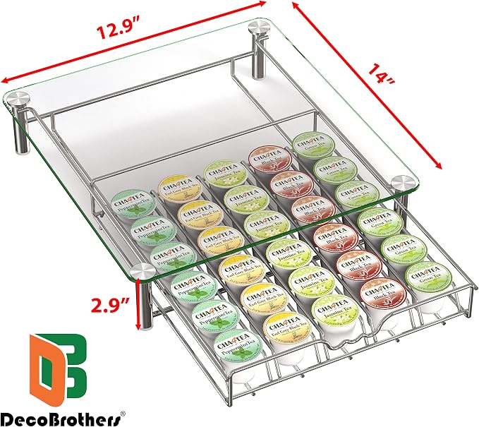 Deco Brothers Tempered Glass K-Cup Holder Drawer for 30 Coffee Pods, Chrome