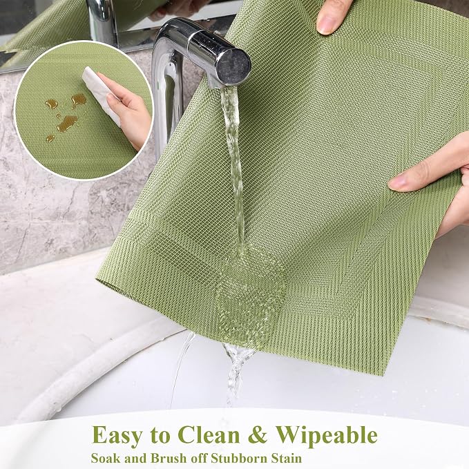 SHACOS Woven Vinyl Placemats Set of 6 Wipe Clean Place Mats for Dining Table Heat Resistant PVC Weave Table Mats Indoor Outdoor (6, Frame Olive Green)