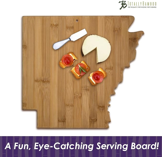 Totally Bamboo Arkansas State Shaped Serving and Cutting Board | State charcuterie board with natural bamboo grain. Knife-friendly surface for food prep. Hang tie for wall display.