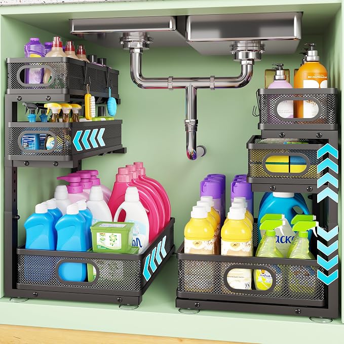 3 Tier Under Sink Organizer,Black Metal Pull Out Kitchen Cabinet Organizers, Slide Out Under Sink Storage Drawers, Undersink Organizer,Bathroom Counter Shelf, Pantry Organization and Storage （2 Pack）