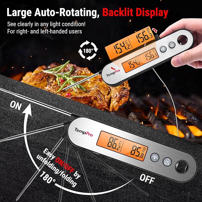 TempPro TempSwift Rechargeable Digital Meat Thermometer for Cooking | 2 Probes Food Thermometer with Stainless Steel Design, Cooking Thermometer with Alarm & Backlight for BBQ Grill Smoker Oven