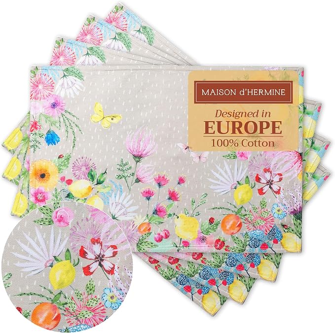 Maison d' Hermine Placemats Set of 4 Reusable 100% Cotton (13"x19") | Cloth Place Mats Washable Table Mats for Kitchen Dining Party Wedding Home Restaurant Spring Summer - Jardin D'Ete - Fog