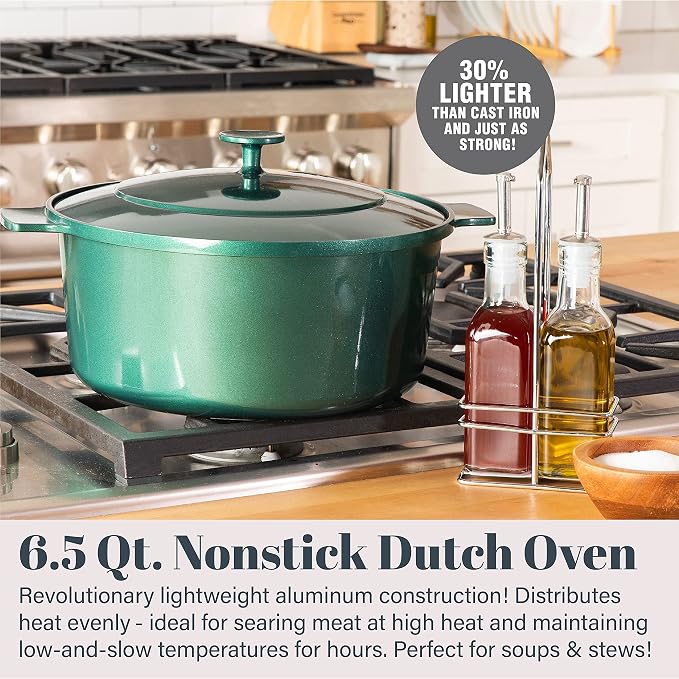 Granitestone Dutch Oven, 6.5 Quart Ultra Nonstick Enameled Lightweight Aluminum Dutch Oven Pot with Lid, Round 6.5 Qt. Stock Pot, Dishwasher & Oven Safe Induction Capable 100% PFOA Free, Emerald Green