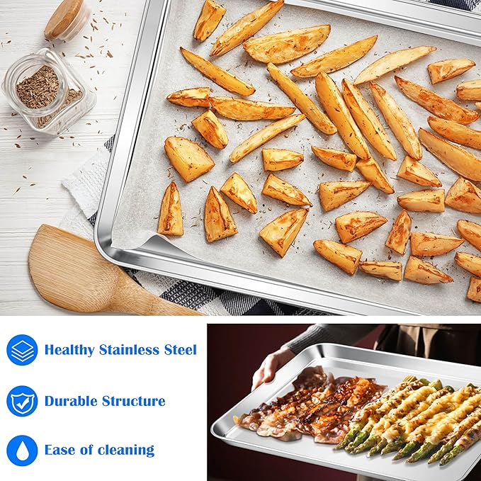 E-far Large Baking Sheet Set of 2, 20"x14" Stainless Steel Cookie Sheet | Non Toxic Metal Baking Pan Tray for Cake Cookies, Healthy & Rust Free, Mirror Finish & Dishwasher Safe