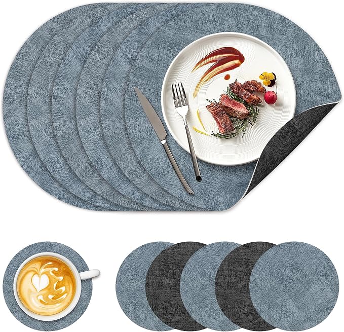 NCUE 13" Faux Leather Round Placemats Set of 6, Reversible Dual-Color | With 3.9" Coasters, 2 mm Vinyl Table Mats, Waterproof Wipeable Heat Resistant, Non-Slip Texture, for Dinner Party Home Decor