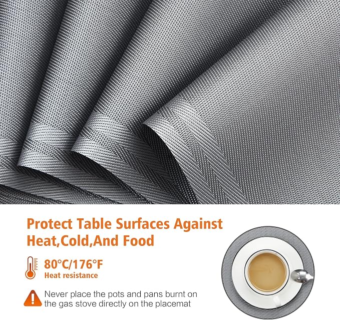 Gray Vinyl Placemats Set of 8,Washable Dining PVC Table Mats | Heat resistant, stain resistant non slip vinyl place mats, washable gray table placemats for dining table